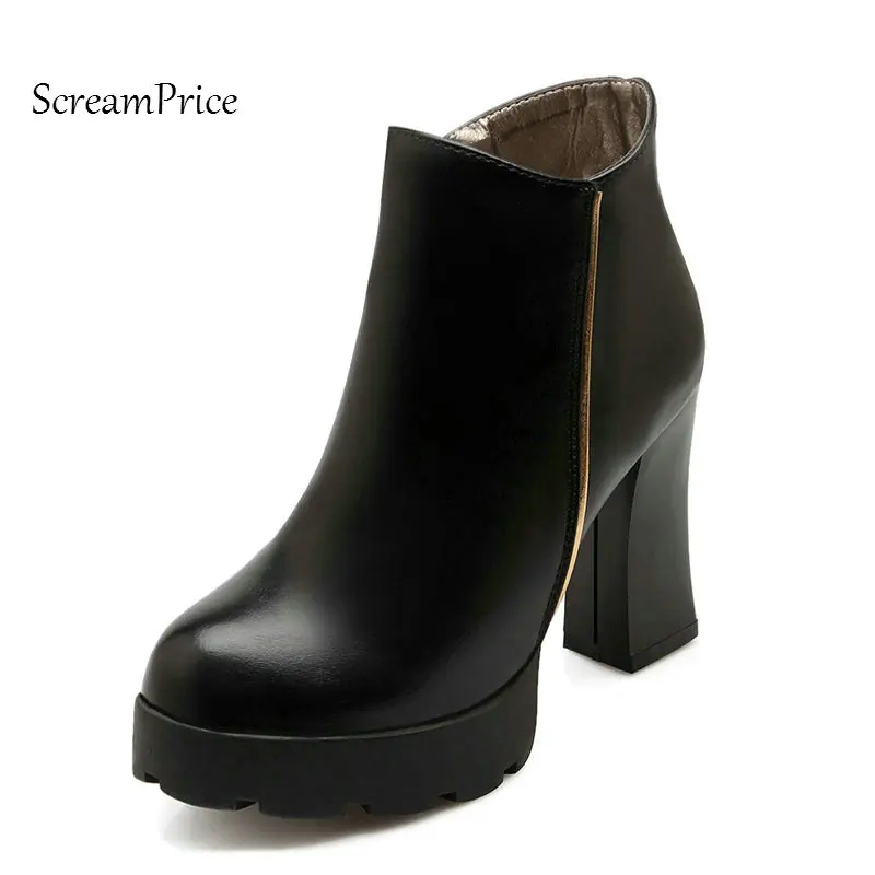

Woman Platform Square High Heel Ankle Boots Fashion Round Toe Side Zipper Dress Boots Short Plush Winter Boots Black Brown Pink