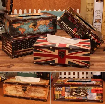 

Free Shippping Retro Waterproof Leather Tissue Boxes Wood Rectangle Shaped Tissue Box Container National Flag Car Storage Box