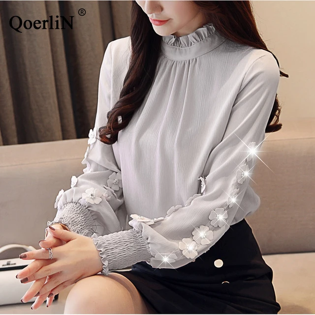 Blusa Coreana de manga larga con alto Tops de moda con apliques de flores camisas elegantes Tops de mujer tallas grandes de gasa sólida AliExpress