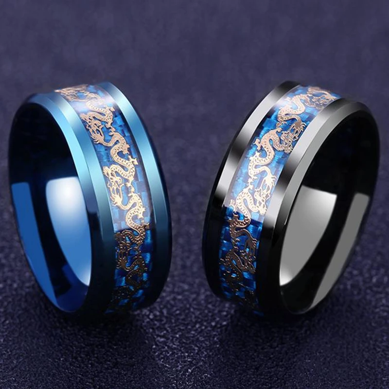 

Titanium Steel Dragon Rings Chain Ring Black And Blue Man's Gifts Wedding Band Jewelry Size 6-12