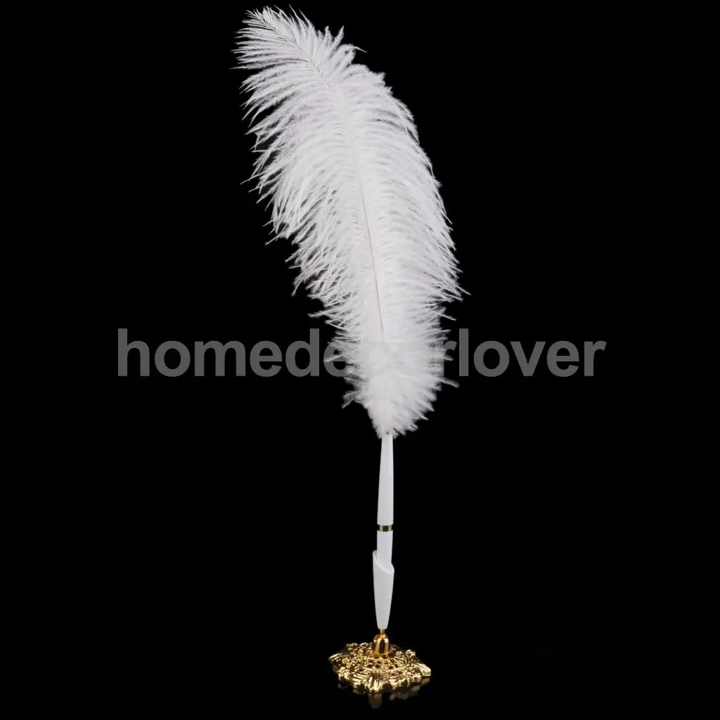 Wedding Ostrich Feather White Quill Guest Gift Signing Pen with Bowknot Decor 