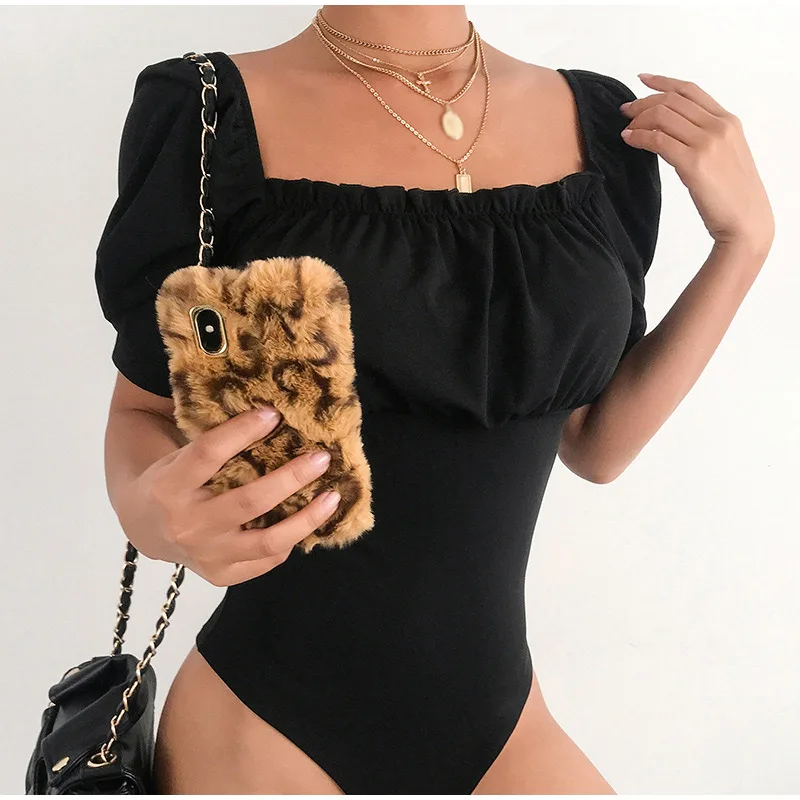 Backless Black Lace-Up Women's Bodysuit Puff Sleeve Square Collar Female Bandage Bodysuits Summer New Women Rompers