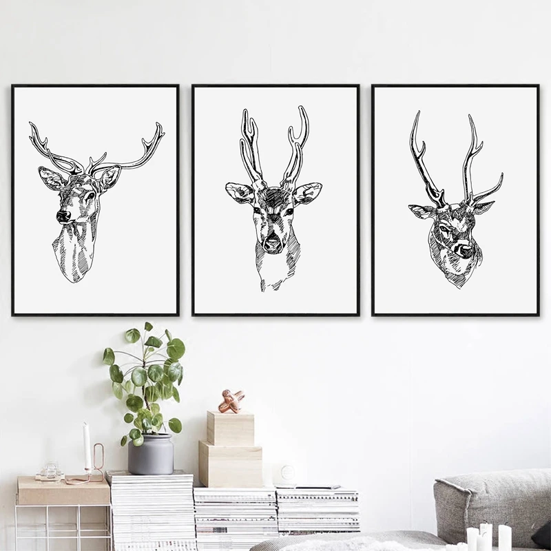 

Black And White Deer Heads Print Pictures , Home Living Room Vintage Decoration Deer Heads Canvas Art Painting Poster Hand Drawn