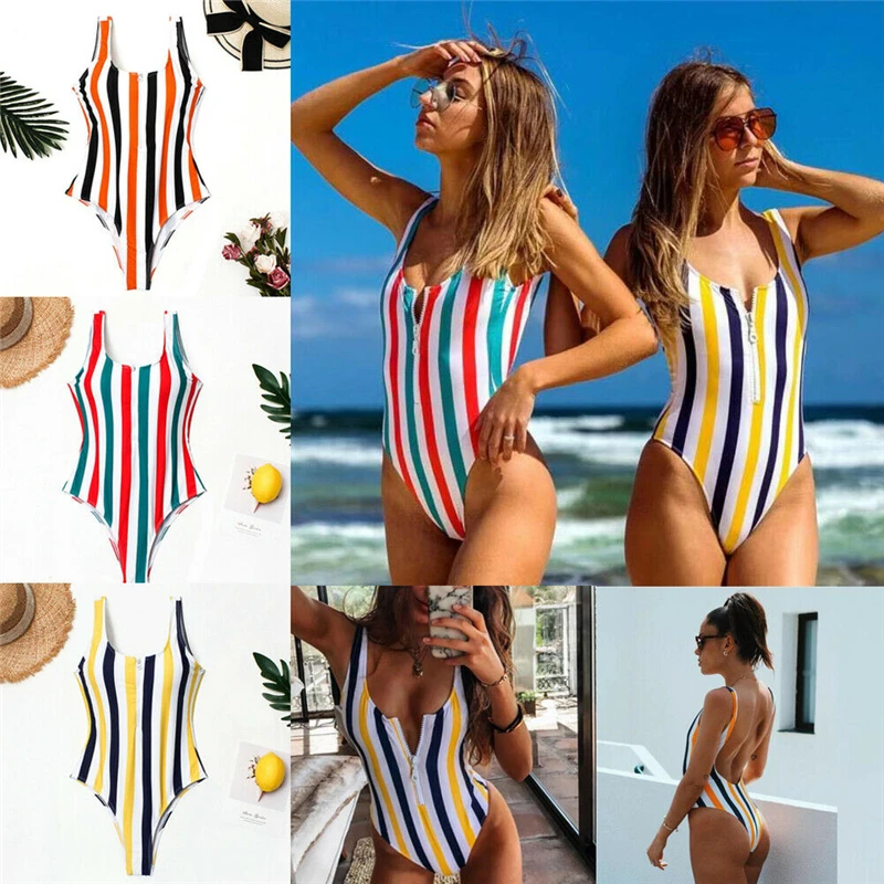 

2019 One Piece Sexy Women's Swimwear Swimsuit Rainbow Striped Monokini Push Up Unpadded Bikini Bathing