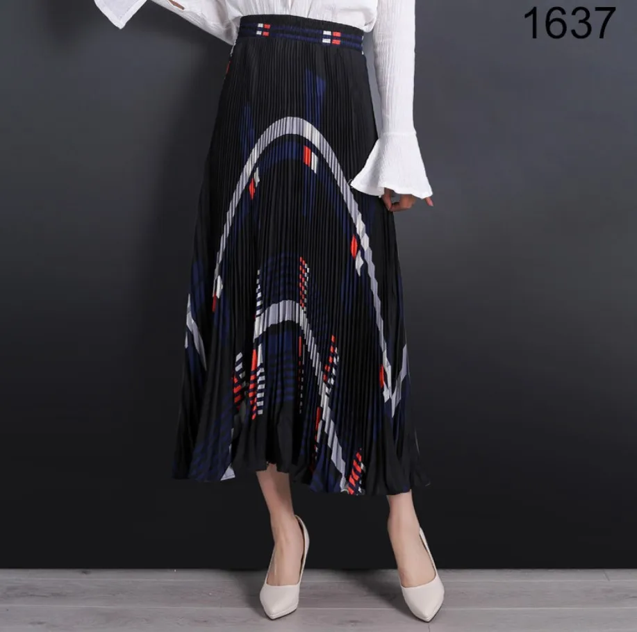 fashion vintage plaid chiffon pleated OL womens skirts summer stretch high wisted elastic waistband skirt women saia saias falda