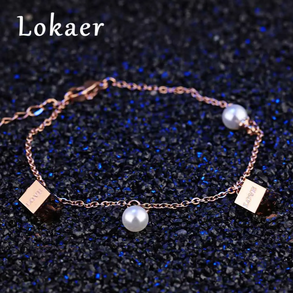 

Lokaer Exquisite Rose Gold Color Simulated Pearl & Box Charms Bracelet Stainless Steel Love Sweet Bracelet Jewelry LGS852