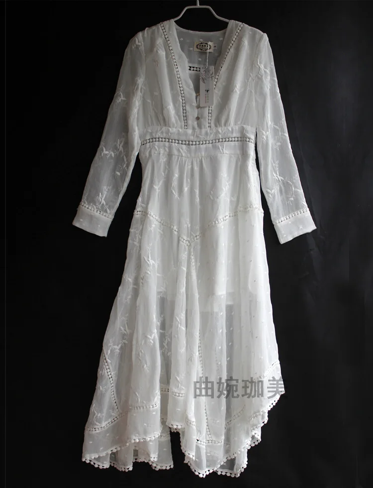 Сексуальное Белое/Черное Кружевное длинное платье с вышивкой летнее Пляжное Платье макси с глубоким вырезом и длинным рукавом