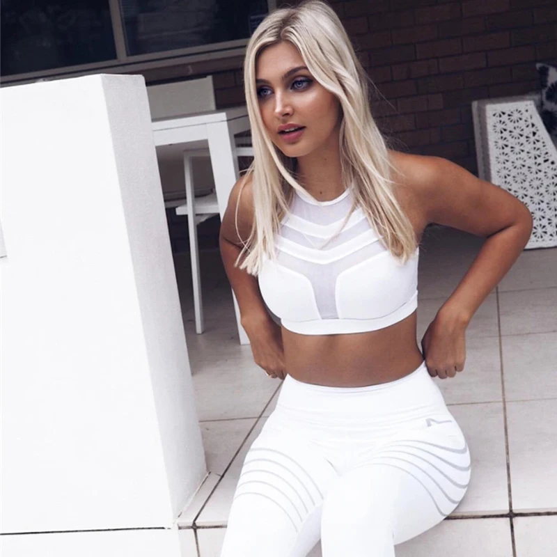 

NORMOV Fashion Fitness Women Suit Fast Drying Workout Bras Polyester Leggings Set Sexy Mesh Skinny Patchwork 2 Piece Set