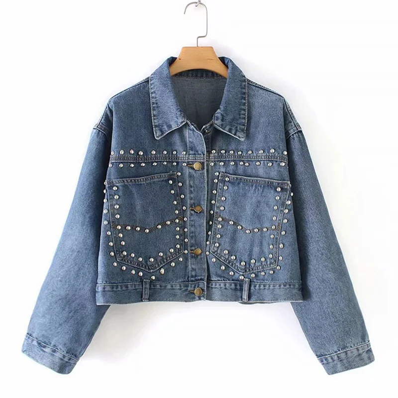 

Heavy Hand Rivet Short Women's Jeans Jackets Harajuku Women's Spring Jacket Long Sleeve Women's Denim Jacket Basic Coats