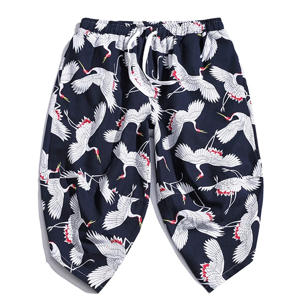 Мужские повседневные тонкие спортивные брюки длиной до икры льняные широкие брюки шаровары