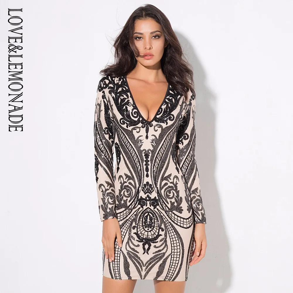 

Love&Lemonade Black Deep V-Neck Geometry Sequin Long Sleeve Dress LM0309