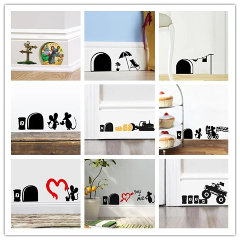 % funny mouse hole stickers wall stickers corner decoration kids gift diy adesivo de paredes cartoon animals decal mural art