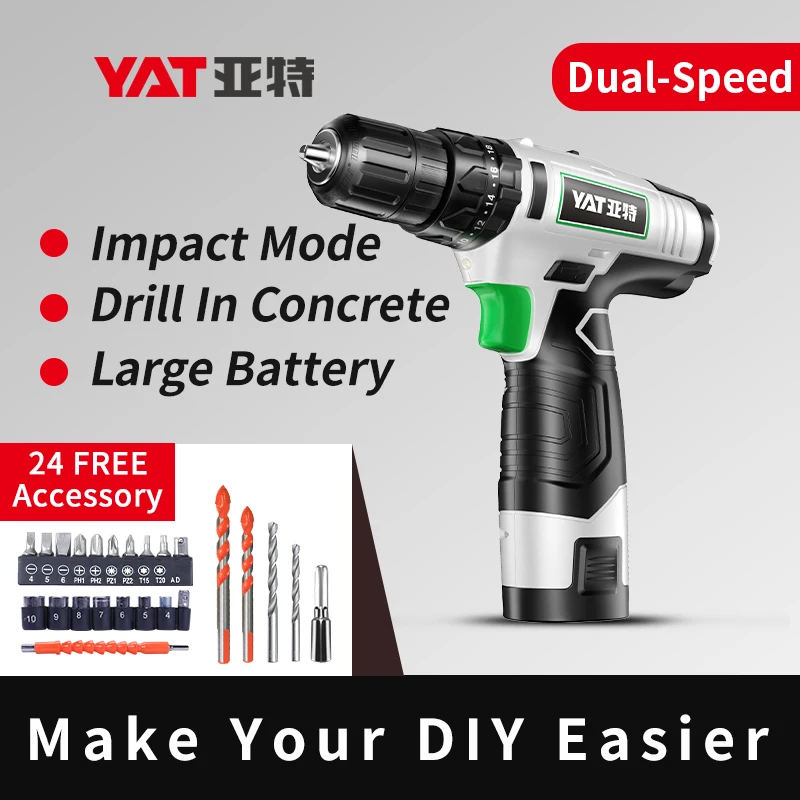 

YAT 14.4V Cordless Drill DC Lithium-Ion Battery Power Drill with Accessories Electric Screwdriver Power Driver 3/8-Inch