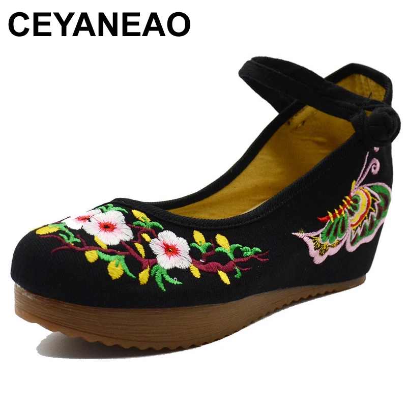 

CEYANEAOPeach Blossom Embroidered Women Casual Canvas Flat Platforms Ankle Strap Ladies Comfortable Cotton Shoes Sapato Feminino