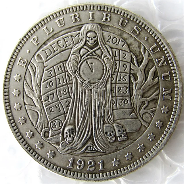 Special Offers HB(17) US 1921 Morgan Dollar With A Woman And Clock skull zombie skeleton Hand Carved Silver Plated Silver Plated Copy Coins