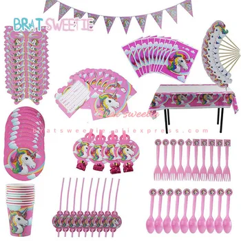 

Unicorn Party Birthday Plate Banner Cup Unicornio Cake Topper Disposable Party Tableware Set Kids Theme Birthday Party Favors