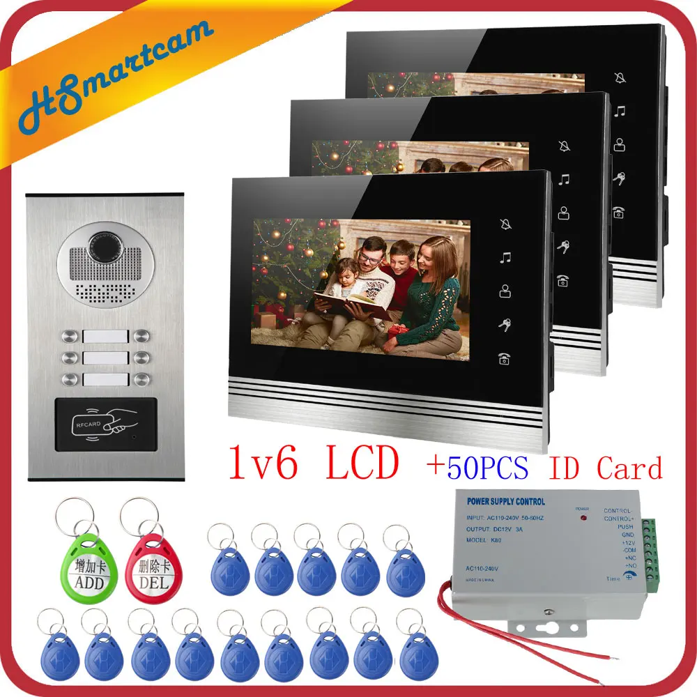 Home 7 inch TFT Color Video Intercom Door Phone System Inductive Card Camera Metal 700TVL with 6 Monitor for Multi Apartments