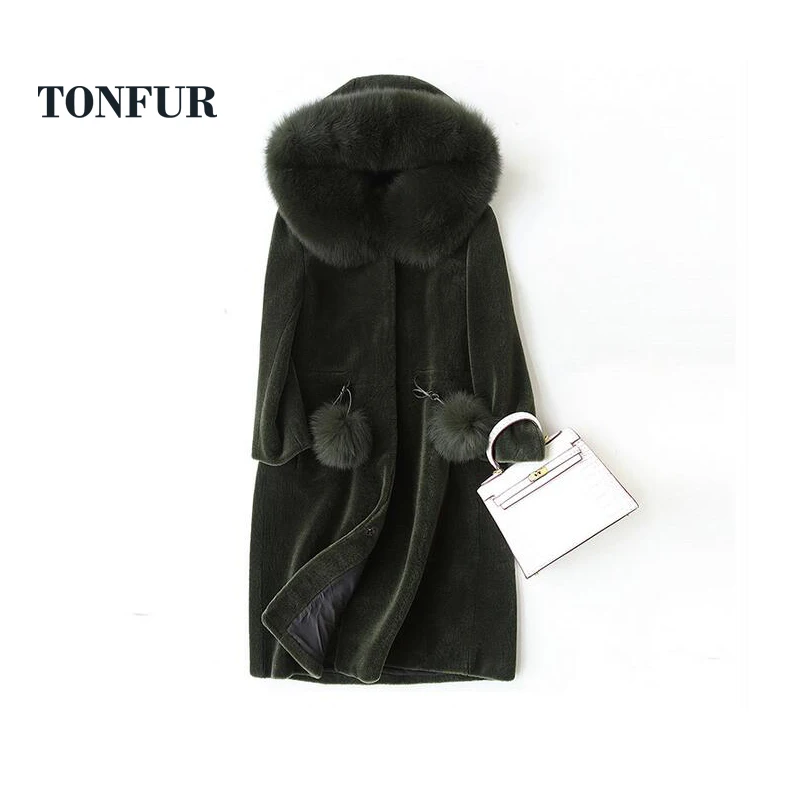 

100% Pure Wool Blends Long Coat Real Sheep Fur With Natural Fox Fur Collar Hooded Real Fur Balls Plus Size Overcoat TSR102
