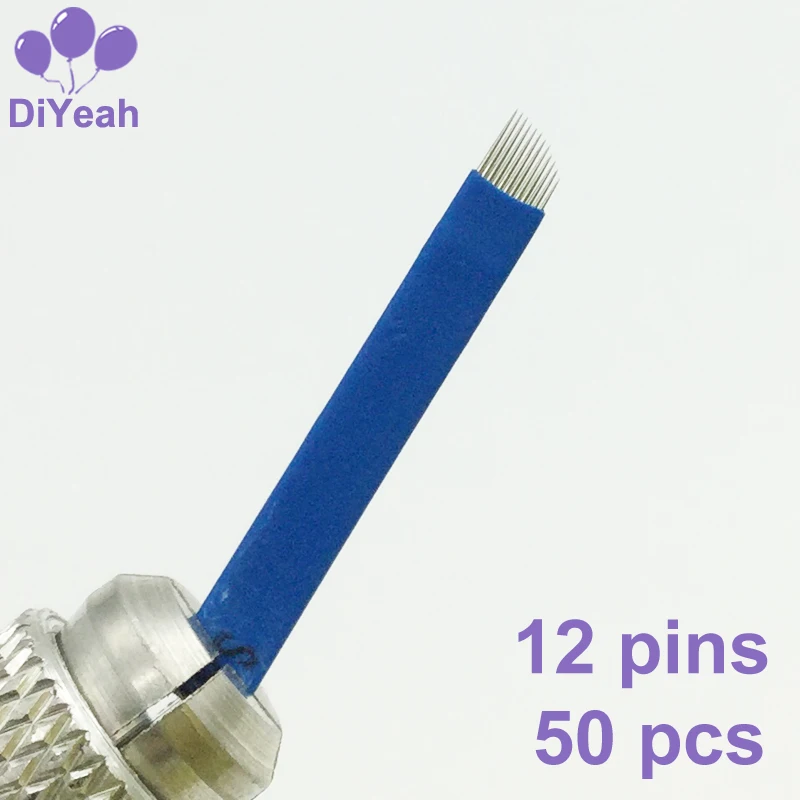 

12 Pins 50PCS Permanent Makeup Eyebrow Tattoo Bevel Blade Microblading Needles For 3D Embroidery Manual Tatoo Pen Machine Yellow