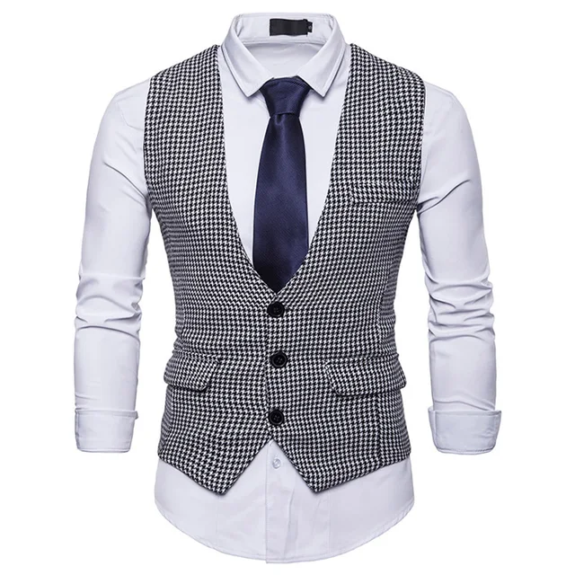 Men's Fashion Houndstooth Suit Vest 2018 Brand New Slim Fit V Neck
