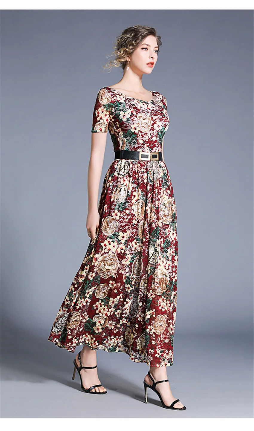 3XL, женские летние платья с цветочным рисунком, женское Элегантное Длинное Платье макси с коротким рукавом, кружевное платье размера плюс, vestidos, женское платье с поясом