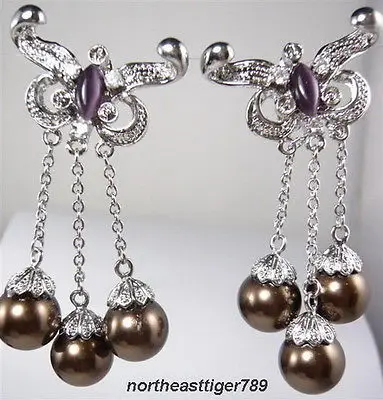

Hot sell Noble- Hot sale Free Shipping>>>>Charm Brown South Sea Shell Pearl Purple Opal 18KWGP Butterfly Earrings