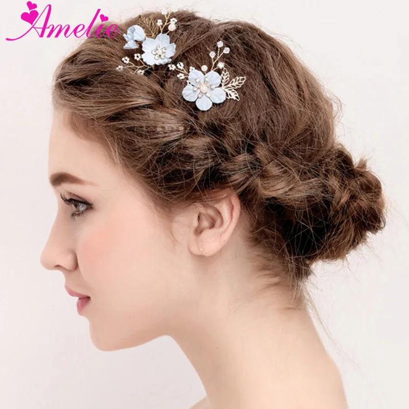 Wedding Jewelry Cute Blue Flower Hair Pins Flower Charm Centered