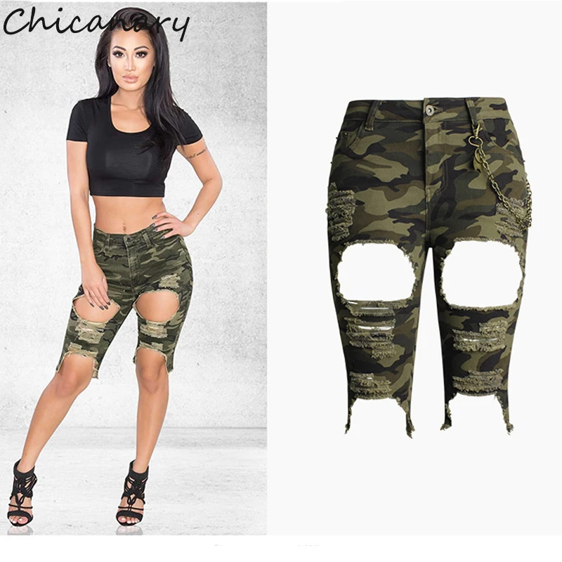 Chicanary Camouflage Distressed Hole Denim Shorts High Waist Stretch Medium Length Jeans with Link XXXL
