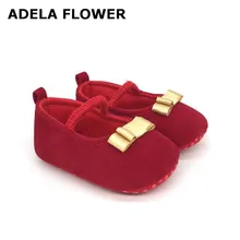 Adela/милые ботиночки для младенца с цветочным рисунком для новорожденных девочек; обувь для первых походов; обувь принцессы чистого Красного цвета с золотым бантом для детей 0-18 месяцев