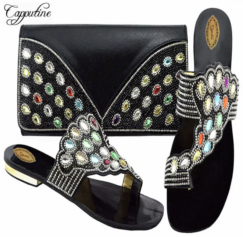 

Capputine New Arrival African Shoes And Bag Set For Party Dress Nigerian Women Wedding Black Shoes And Bag Set Size 38-43