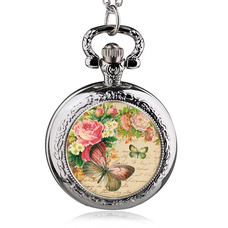 Retro Bronze Pocket Quartz Watches Butterfly and Flower Openwork Cover