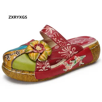 

2020 Summer Real Cowhide Leather Sandals Thick Bottom Flat Sandals Fashion Slippers Candy Color Non-slip Baotou Women Slippers