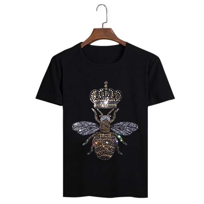 

2018 New Arrivals Casual Male T-shirts Man Crown Bee diamond Men T Shirts Fashion Black/white rhinestone Man T-shirt