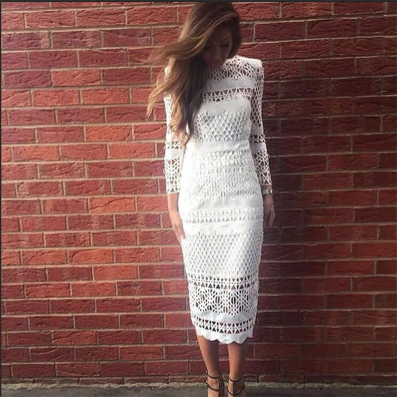 

Elegant Ladies Summer Long White Crochet Dress Slim 2019 Hollow Out Round Neck Long Sleeves Casual Party Dress Boho Robe Femme