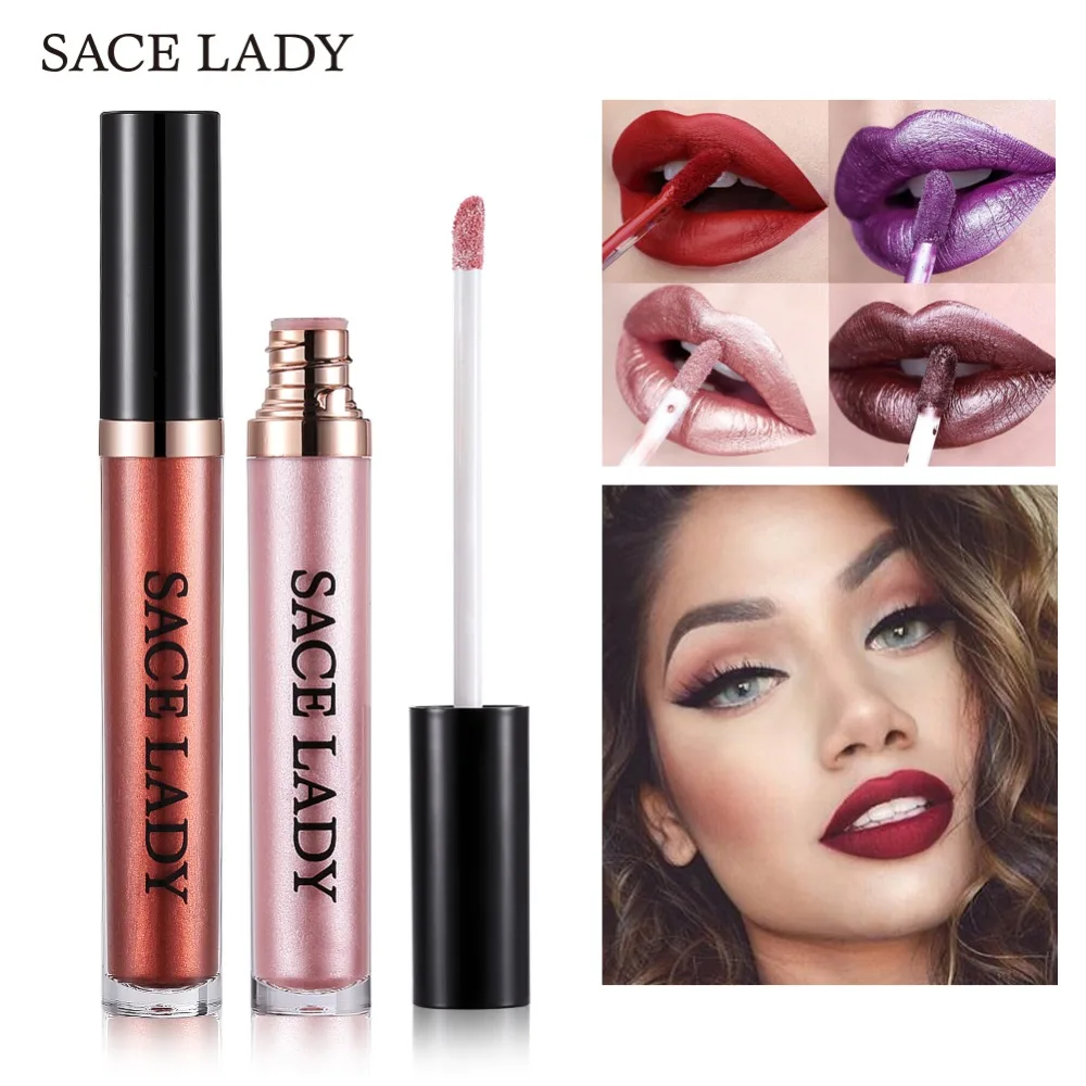 

SACE LADY Glitter Lipstick Makeup Waterproof Metal Lip Gloss Tint Liquid Lipgloss Shimmer Make Up Metallic Pigment Cosmetic