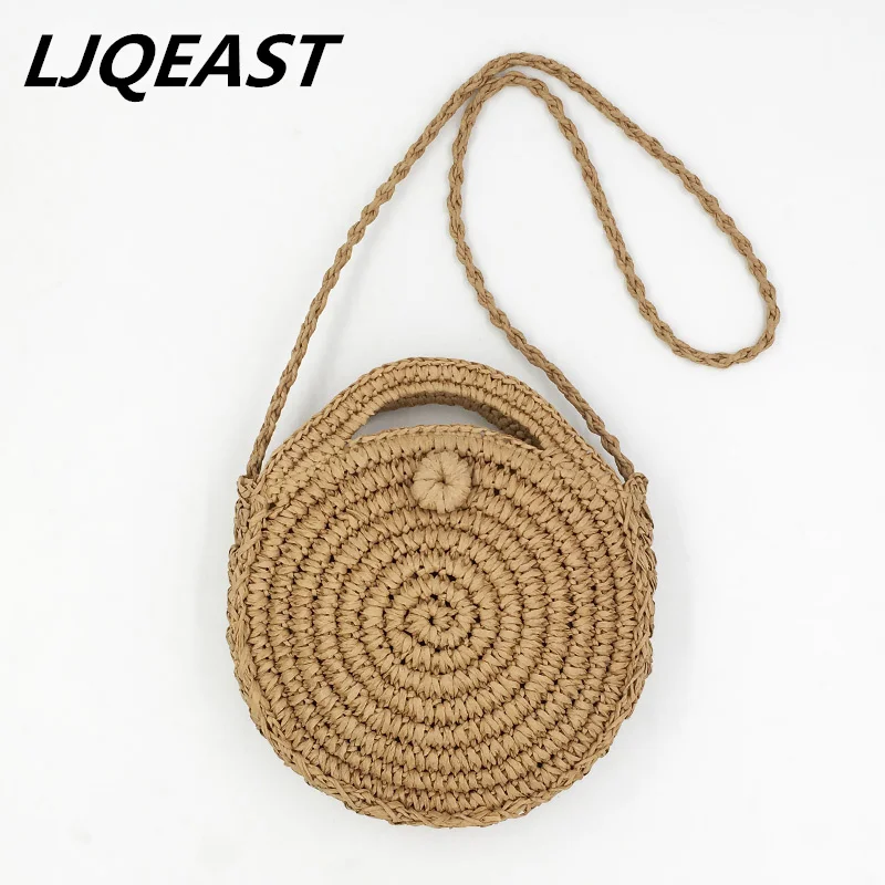 

LJQEAST Handmade Rattan Round Fabric Straw Mesh Bag Beach Bag Summer Lady's Lady Shoulder Messenger Bag Khaki Beige Tote