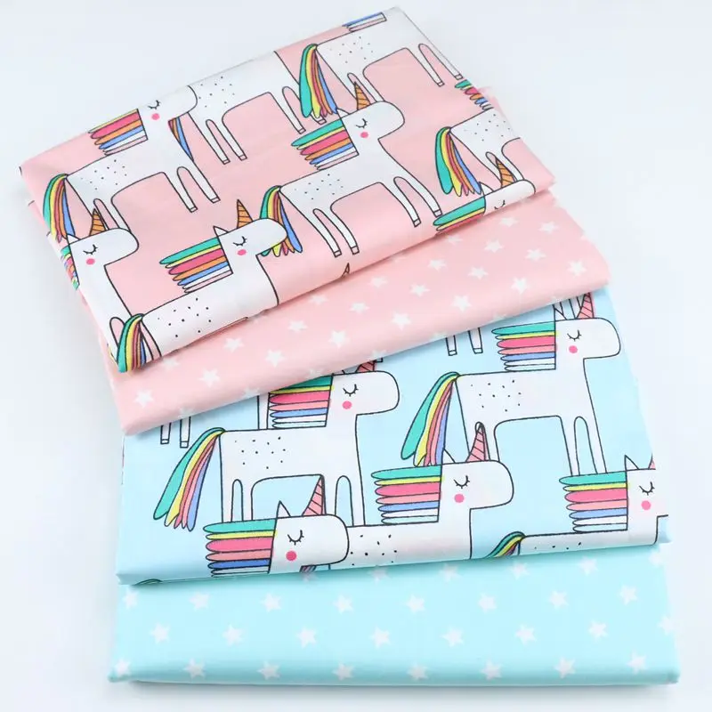 

160CM*50CM cotton cloth PINK AQUA cartoon Indian chief white unicorn stars fabric for DIY bedding cushion sheet handwork decor