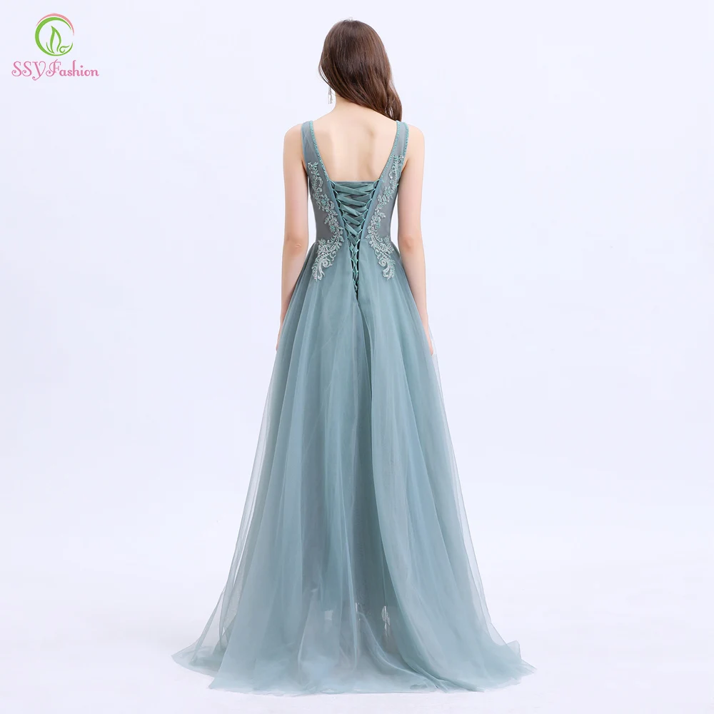 Skup SSYFashion nowy Vestido De Noche kobiety bankiet elegancka suknia wieczorowa dekolt koronkowe aplikacje z koralikami długie suknie na oficjalne okazje