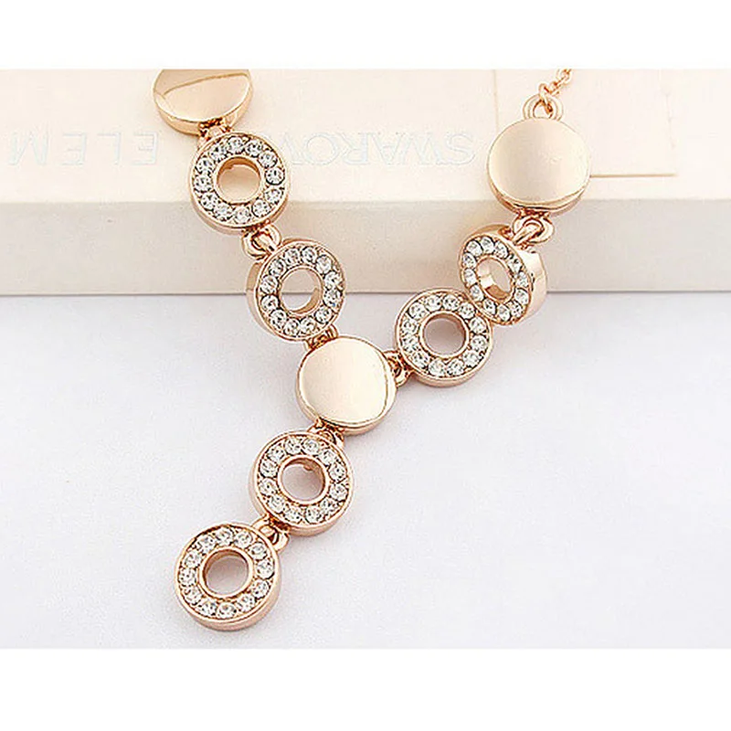 Модные украшения набор Цепочки и ожерелья серьги кольца для Для женщин Мода розовое золото-цвет Кристальные, круглой формы, ювелирное изделие