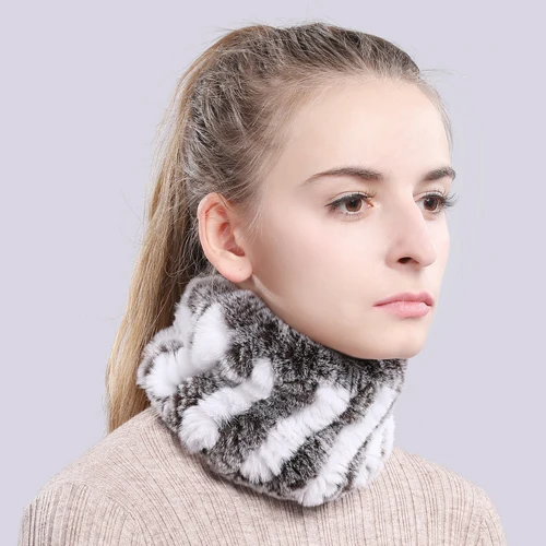 Women Real Fur Handmade Stretch Fur Scarf Knit Genuine Rex Rabbit Fur Headbands Girls Natural Fur Ring Cowl Snood Scarves Winter - Color: color 13