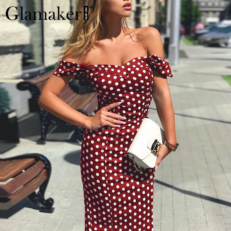 Glamaker بولك نقطة خمر bodycon ماكسي اللباس المرأة مثير قبالة الكتف الصيف ميدي اللباس الإناث رفع حزب نادي اللباس vestidos