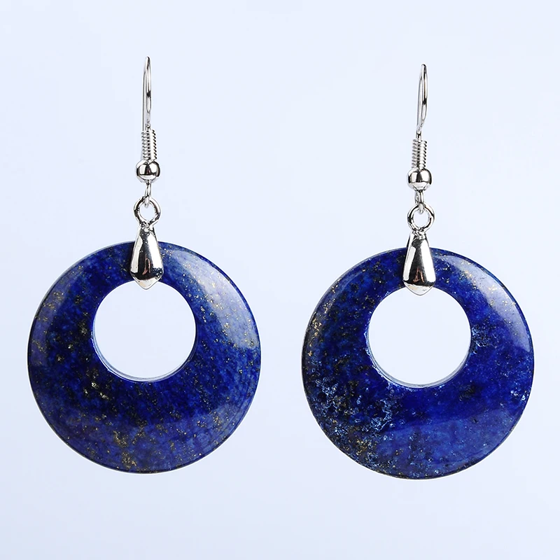 

New Ethnic Lapis Lazuli Stone Women Hook Earrings Jewelry Fashion Hollow Round Drop Pendant Dangle Earring Gift Wholesale