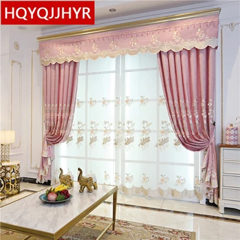 

Pink 3D Embossed Embroidered Deluxe Villa Decorating Window Curtains for Living Room High Quality Chenille Curtains for Bedroom