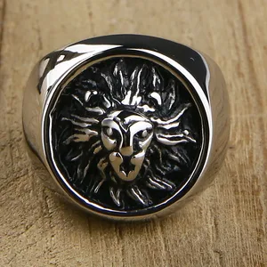 Valily Men Ring Punk Gold Lion Ring 316L Stainless Steel Biker Round Animal Rings Jewelry Party Power Design