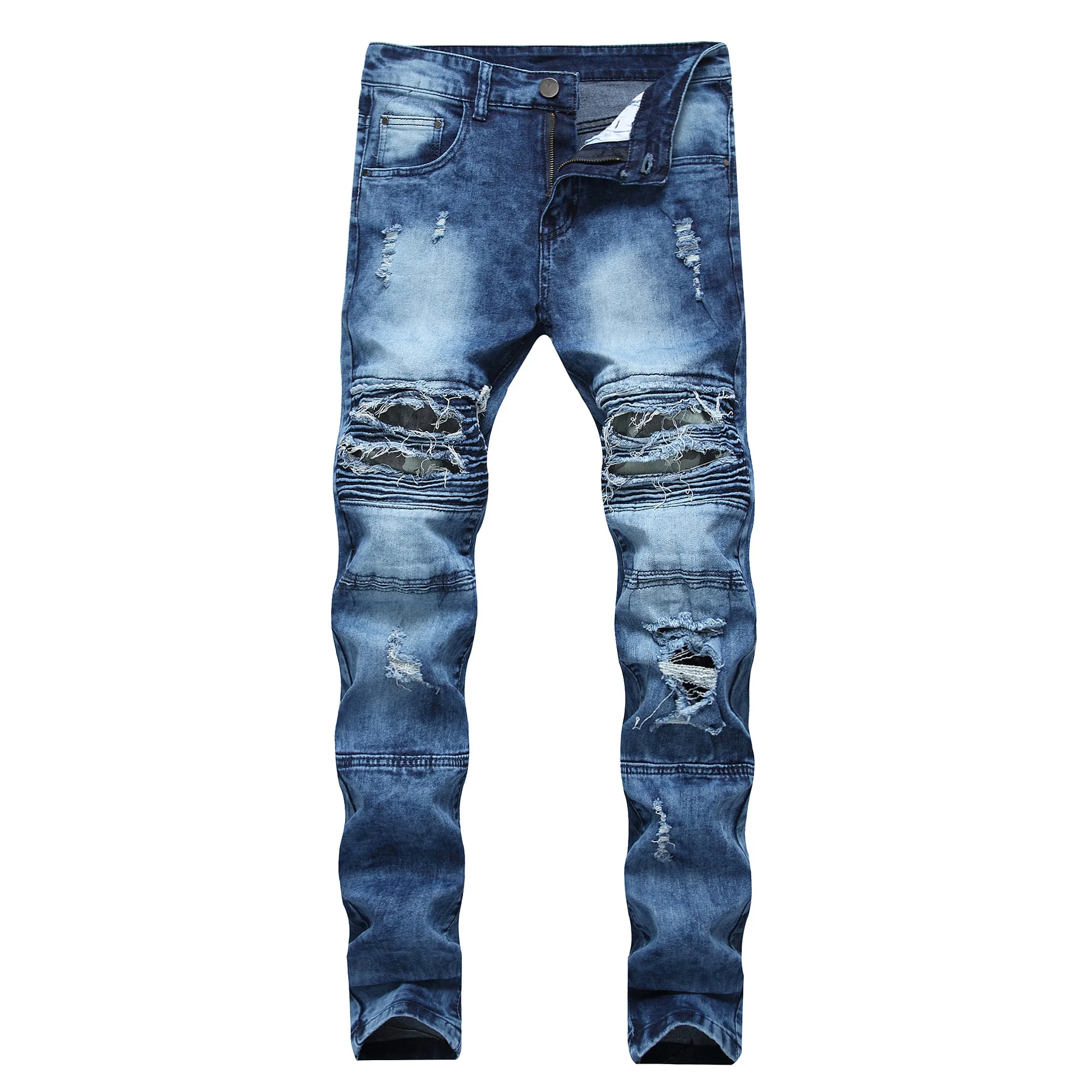 

Fashion Men Denim Jeans Washed Trousers Slim Straight Pants Vintage Blue/Black Foreign Trade for Men's Hole Feet Slim Stretch le