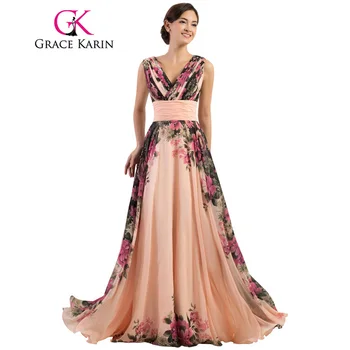 Grace Karin Sexy Backless Flower Long Evening Dress Deep V Neck Floral Formal Dresses Chiffon Robe De Soiree Party Gowns 2017