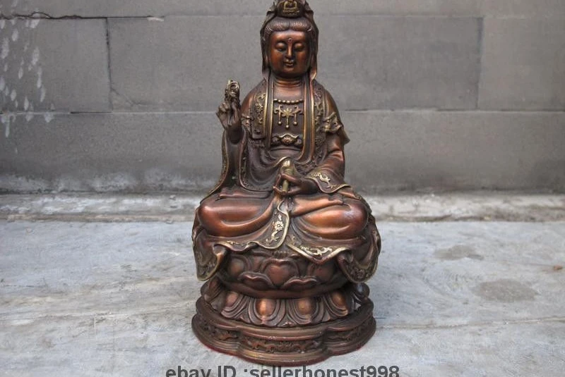 

17CM Tibet Buddhism Bronze Guanyin lotus flower Kwan-yin Boddhisattva Statue