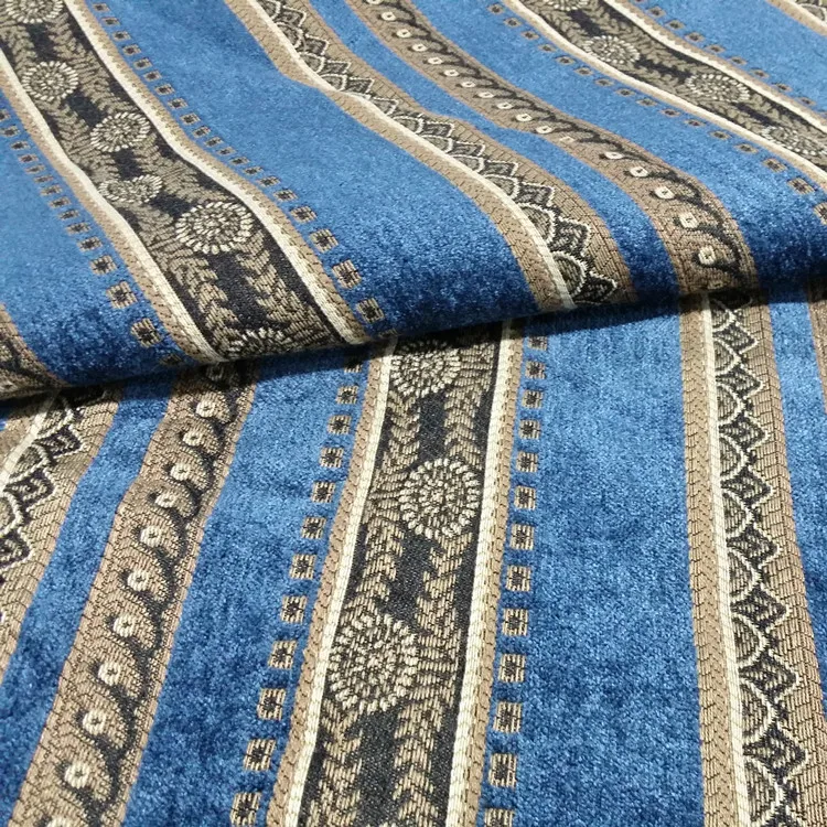 

Traditional Blue Stripe Jacquard Woven Heavy Chenille Railroaded Curtain Sofa Upholstery Fabric 280 cm Width Sell by meter