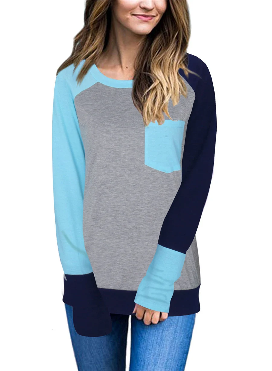 Gladiolus Hot Fashion Patchwork T Shirt Women 2018 Long Sleeve O-Neck Pocket Style Women Tops T-shirt Autumn Ladies Tee Shirts  (15)
