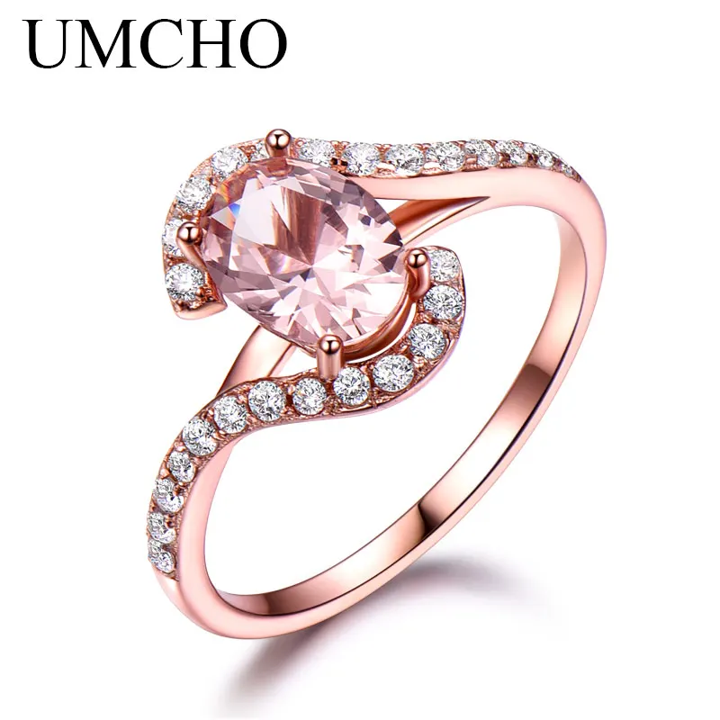 UMCHO Pink Sapphire Rings for Women Solid Sterling Silver Morganite Engagement Rose Gold Color Wedding Promise Band Gift For Her